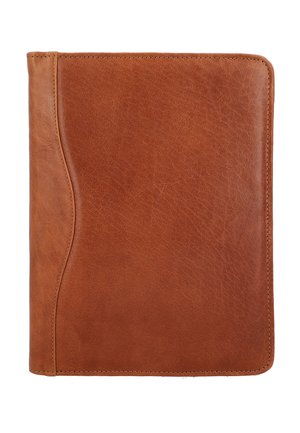 Brown leather notebook cover with a textured finish, featuring a curved edge design and visible stitching along the borders.