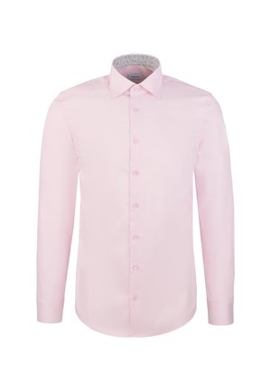 Lichtroze langemouwen shirt met een standaardkraag, knoopsluiting aan de voorkant en een gemusterde binnenkraag. Soepele, gestructureerde stof.