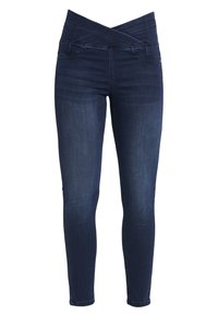Tmavě modré džíny z denimu s designem překříženého pásku, slim fit a pěti kapsovým stylem. Tkanina má hladkou texturu.