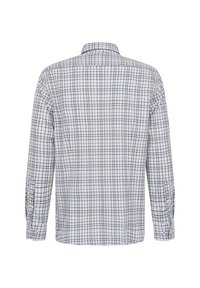 Langärmliges Hemd mit einem blau-braun-weißen Karomuster. Hergestellt aus gewebtem Stoff mit klassischem Kragen und Knopfmanschetten.