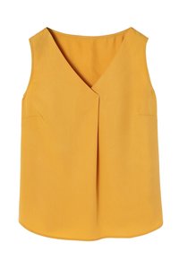 Yellow sleeveless blouse with a V-neck and subtle pleat detail. Made of smooth fabric, features two side pockets and a rounded hem.