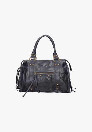Borsa a mano in pelle nera con manici superiori, hardware dorato, tasca con zip, superficie testurizzata e nappine laterali per un tocco di stile.