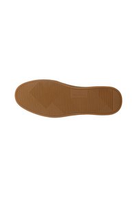Suola di scarpa in gomma marrone con scanalature testurizzate e un motivo a zigzag. Presenta un branding discreto e una finitura liscia.
