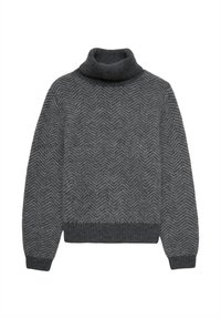 Maglione grigio a collo alto con motivo a spina di pesce, caratterizzato da un colletto, polsini e orlo a coste. Realizzato in un materiale a maglia testurizzata.