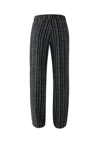 Pantalon noir à jambes droites avec motif à carreaux blancs verticaux et horizontaux, taille élastique et tissu texturé.