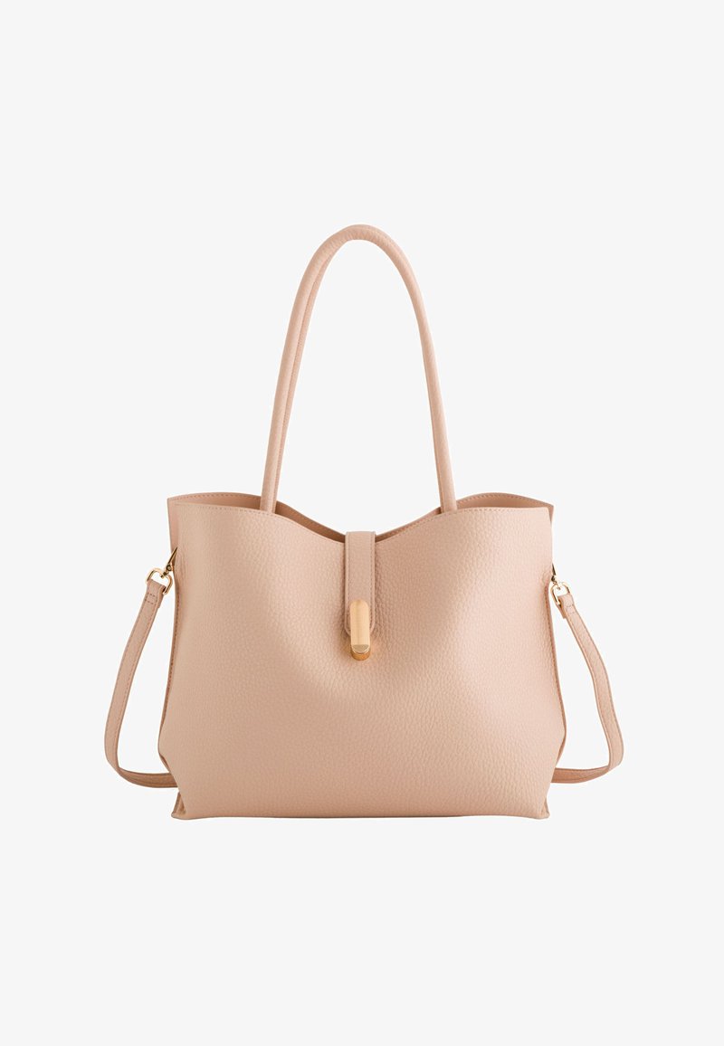 Pink textured faux leather tote bag with dual handles, magnetic closure, and detachable shoulder strap. Subtle gold-tone hardware accents.