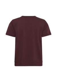 T-shirt uni marron foncé à manches courtes, vu de dos avec un ourlet droit et des coutures visibles près des manches et du bas.