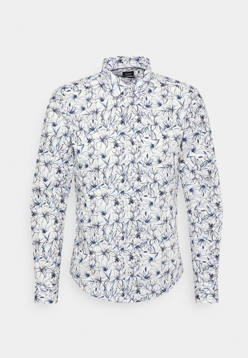 Camisa blanca de manga larga con patrón floral azul, cuello abotonado y dobladillo curveado. La tela tiene una textura suave y ligera.