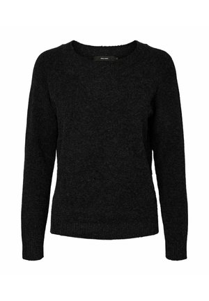 Melnā adītā džemperis ar apaļu apkakli, garām piedurknēm un ribota auduma apakšu. Mīksta tekstūra ar smalku, viendabīgu rakstu.