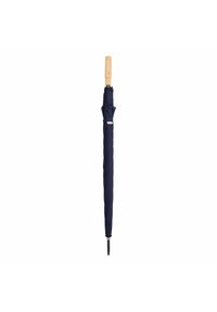 Navyblauer Regenschirm mit einem gedrehten Stoffdesign, Holzgriff und schwarzer Spitze. Ausgestattet mit einem Metallrahmen für Langlebigkeit.