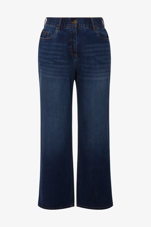 Jeans a gamba larga, vita alta blu scuro con tasche frontali, passanti per cintura, chiusura con bottone e leggera scoloritura nella zona delle cosce.