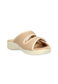 Sandalo scivoloso in rete beige con due cinture elastiche, soletta beige morbida e una suola spessa bianca, che offre traspirabilità e comfort.
