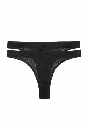 Zwarte doorschijnende string met dubbele zijbandjes en een subtiel zebrapatroon.