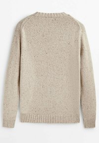 Pull en tricot beige moucheté avec manches longues et poignets, ourlet et encolure côtelés, vu de dos sur fond blanc.