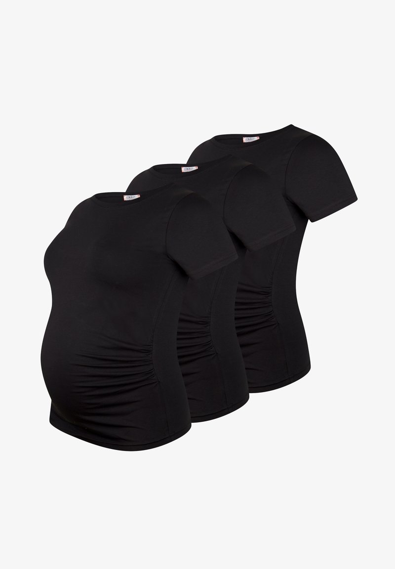 Drei schwarze Umstandstopps mit kurzen Ärmeln, gerafften Seitennähten, einem runden Ausschnitt und einem weichen, dehnbaren Stoff.