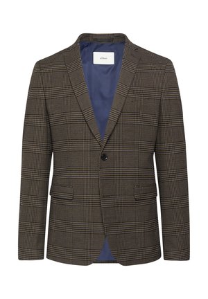Blazer à carreaux marron avec un col cranté, fermeture à un bouton, deux poches latérales et une doublure intérieure bleue. Tissu texturé.