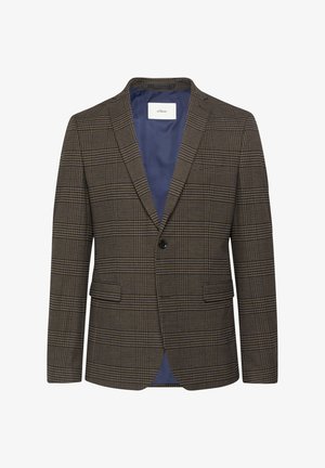 Braun kariertes Sakko mit Reverskragen, einem Knopfverschluss, zwei seitlichen Taschen und blauer Innenauskleidung. Texturiertes Gewebe.