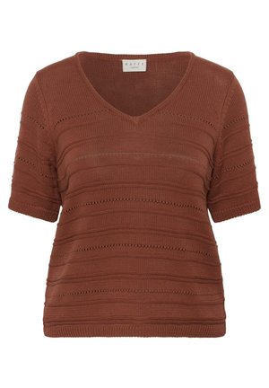 Brown short-sleeve knitted top with V-neck and horizontal stripe patterns, labeled "Kaffe curve."