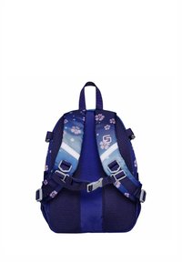 Marineblauer Rucksack mit gepolsterten Mesh-Trägern, versehen mit pinkfarbenen Blumenakzenten und einem hellblauen Farbverlauf an den Trägern. Verfügt über Schnallenverschlüsse.