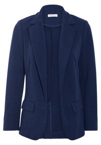Blazer bleu marine en tissu doux avec col châle, deux poches avant, sans fermetures, arborant un design épuré et minimaliste.