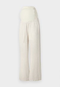 Light beige maternity pants with a relaxed fit, elastic waistband, and a soft, stretchy belly support panel. Made of a lightweight, breathable material.
