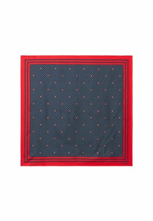 Pañuelo cuadrado azul marino con pequeños puntos blancos y formas circulares rojas, bordeado por un amplio marco rojo con finas rayas negras.