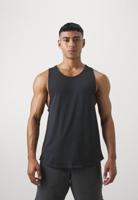 Fekete ujj nélküli sportos tank top, könnyű anyagból készült, sima tapintással. Lekerekített nyakkivágással és laza szabással rendelkezik.