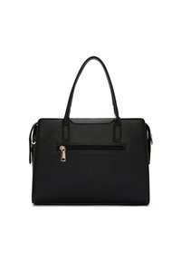 Zwarte faux leren handtas met een gestructureerde vorm, dubbele handvatten aan de bovenkant, een voorzak met rits en Accenten van goudkleurig metaal.