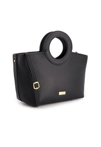 Black leather handbag with a round handle, structured shape, gold hardware accent, and textured surface. Includes an adjustable shoulder strap.