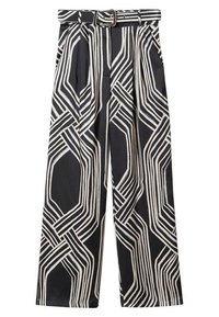 Black and white high-waisted trousers with a geometric line pattern, wide leg design, and a belt at the waist. Smooth fabric texture.
