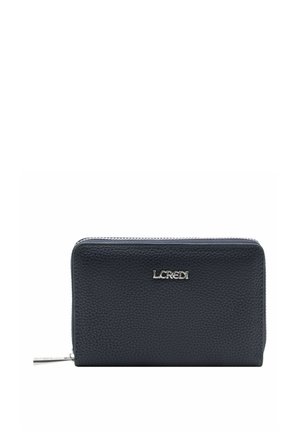 Black textured leather wallet with silver zipper and silver "LCREDI" logo centered on the front, shown against a white background.