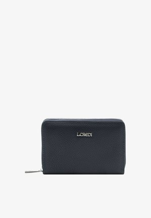 Black textured leather wallet with silver zipper and silver "LCREDI" logo centered on the front, shown against a white background.