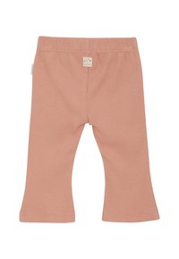Zachte roze ribgebreide babybroek met een elastische tailleband en een klein kattengezichtpatch op de voorkant in het midden.