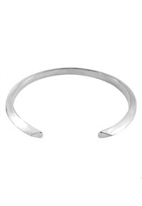 Silver cuff bracelet with a smooth, polished finish, open ends, and a simple, elegant design. No adornments or intricate patterns.