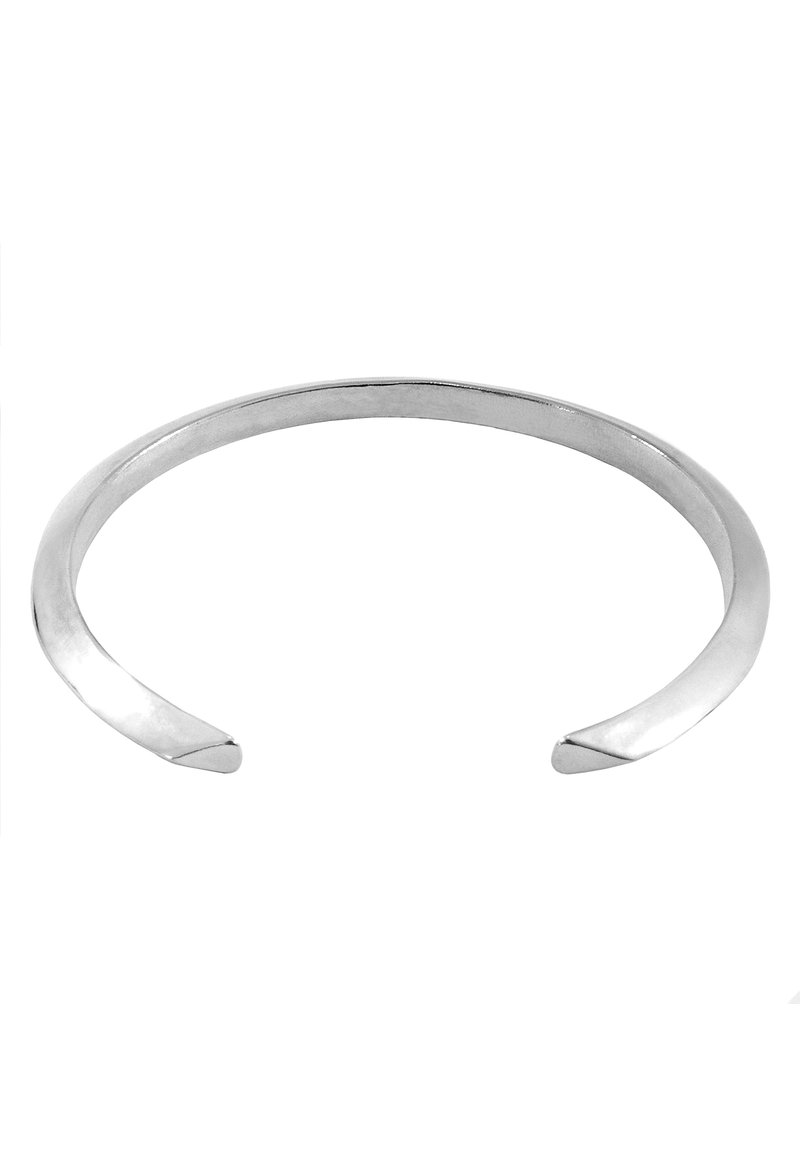 Silver cuff bracelet with a smooth, polished finish, open ends, and a simple, elegant design. No adornments or intricate patterns.
