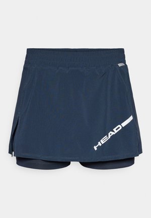 Falda de tenis azul marino con pantalones cortos incorporados, con aberturas laterales, cintura elástica y logo blanco impreso en la parte delantera. Tejido de textura suave.