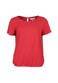 Red short-sleeve top with a scoop neckline, textured fabric, gathered hem, and a back keyhole opening. Simple and casual design.