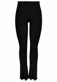 Svarta leggings gjorda av elastiskt material, med hög midja, sidoflickor vid fållen och en slät, åtsittande design.