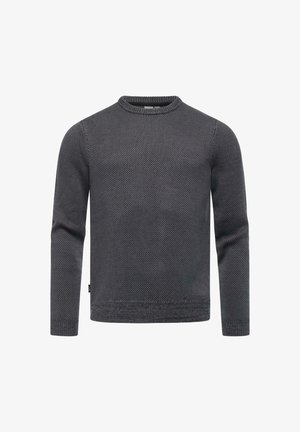 Grijs gebreid sweater met een gestructureerd patroon, ronde hals, lange mouwen en geribbelde zoom en boorden. Lichtgewicht stof die geschikt is voor in laagjes.
