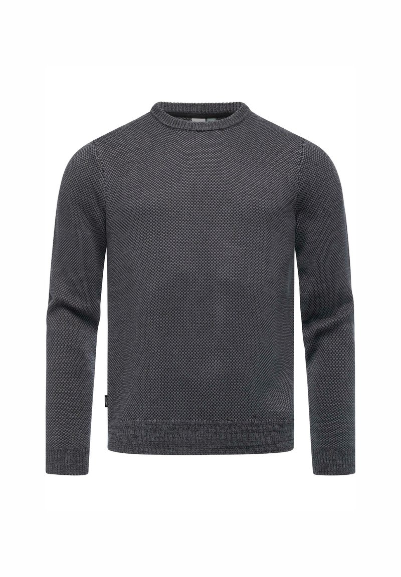 Grau gestrickter Pullover mit einem strukturierten Muster, Rundhalsausschnitt, langen Ärmeln und geripptem Saum sowie Bündchen. Leichter Stoff, der sich gut zum Layering eignet.