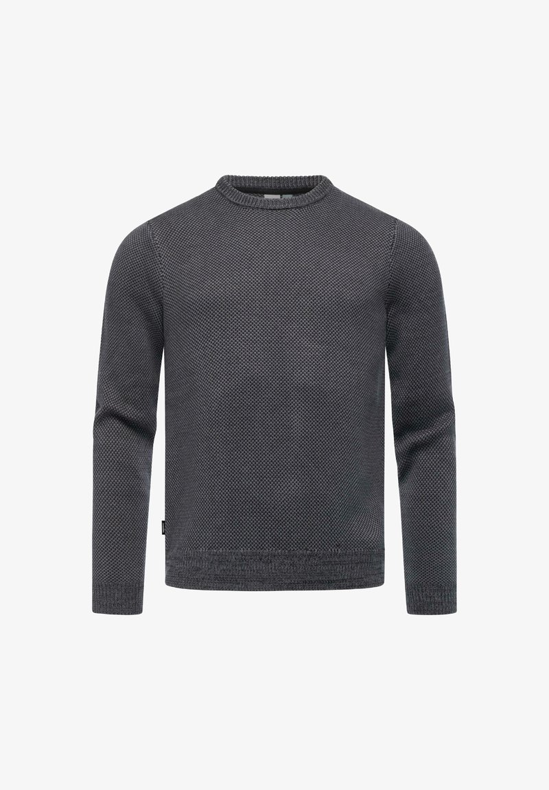 Gray knitted sweater with a textured pattern, crew neck, long sleeves, and ribbed hem and cuffs. Lightweight fabric suitable for layering.