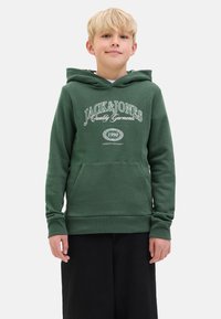 Sweat-shirt à capuche vert avec impression de logo blanc, poche avant, et poignets côtelés. Le tissu semble doux et texturé, avec une coupe décontractée.