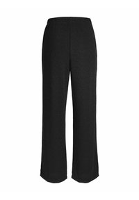 Pantaloni neri a gamba larga con vita elastica, realizzati in tessuto testurizzato. Presentano un design semplice, senza motivi visibili o accessori.