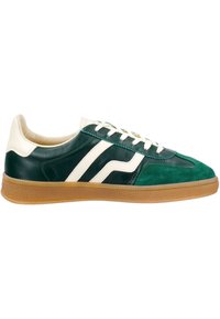 Green and black sneakers with white stripes, leather and suede materials, rubber sole with a textured finish, and lace-up design.