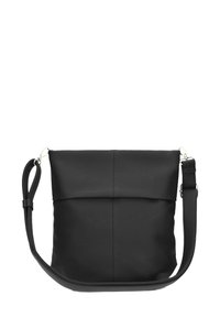 Borsa a tracolla in pelle nera con parte superiore piegata, tracolla regolabile, texture liscia e dettagli delle cuciture sottili per un design pulito.