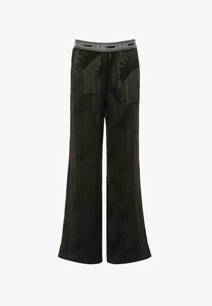 Zwarte wijde broek gemaakt van zachte stof, met een subtiel palmenbladpatroon en een elastische tailleband met merkdetail.