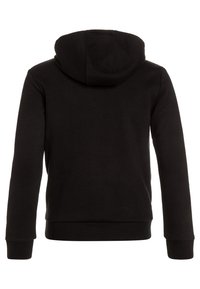 Felpa nera con un tessuto morbido e texturizzato. Presenta un cappuccio con cordino e polsini e orlo a coste. Finitura liscia, senza loghi o motivi visibili.