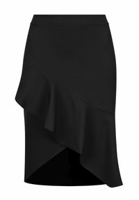 Zwarte rok met een asymmetrisch ontwerp, een gegolfde zoom, een getailleerde pasvorm en een gladde stofstructuur. Inclusief discreet zijvak.