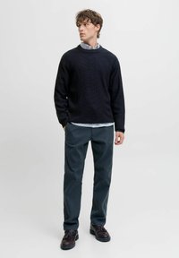 Suéter negro de punto con cuello redondo, superpuesto a una camisa de rayas azul claro, combinado con pantalones gris oscuro y zapatos marrones.