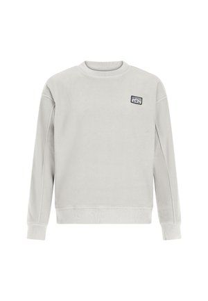 Light gray fleece sweatshirt with a crew neck, ribbed cuffs, and hem. Features a small, blue logo patch on the chest. Soft texture, relaxed fit.